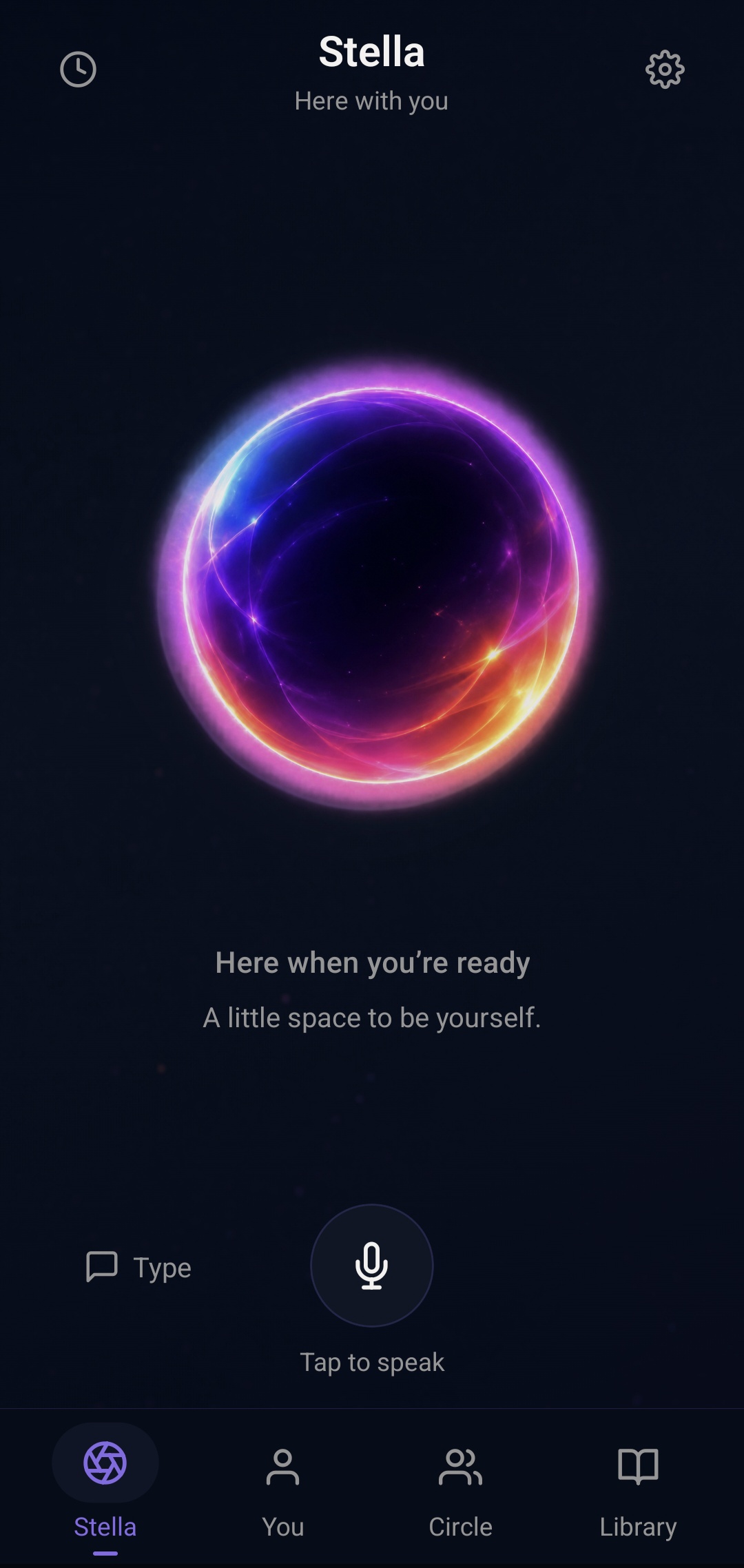 The Authentica AI app home screen with Stella's orb and Tap to speak.